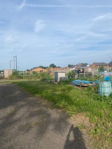 Image of Wolston Allotments Rural landscape with buildings, water tanks, and overgrown greenery under a blue sky.
